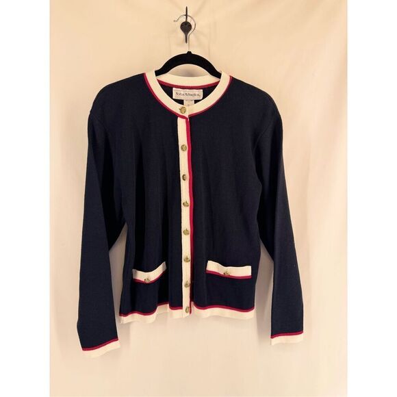 Vintage Norton Mcgaughton Navy Blue White Classic Cardigan Sweater Small - Picture 1 of 7